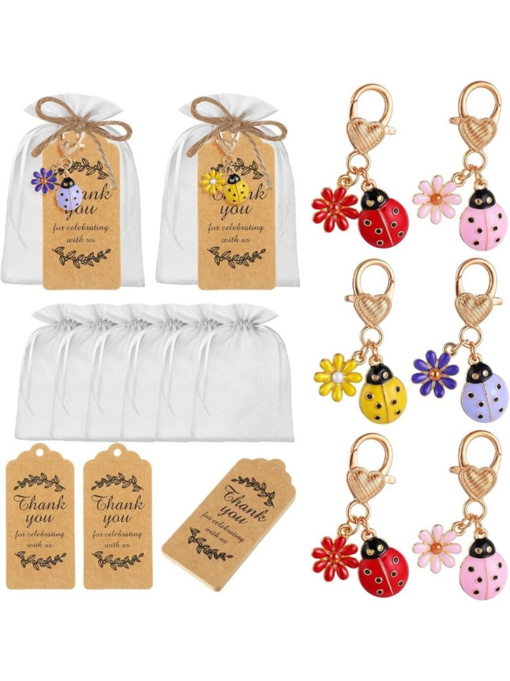 120 Pack Ladybug Keychains with Kraft Cards & Organza Bags - Perfect Party